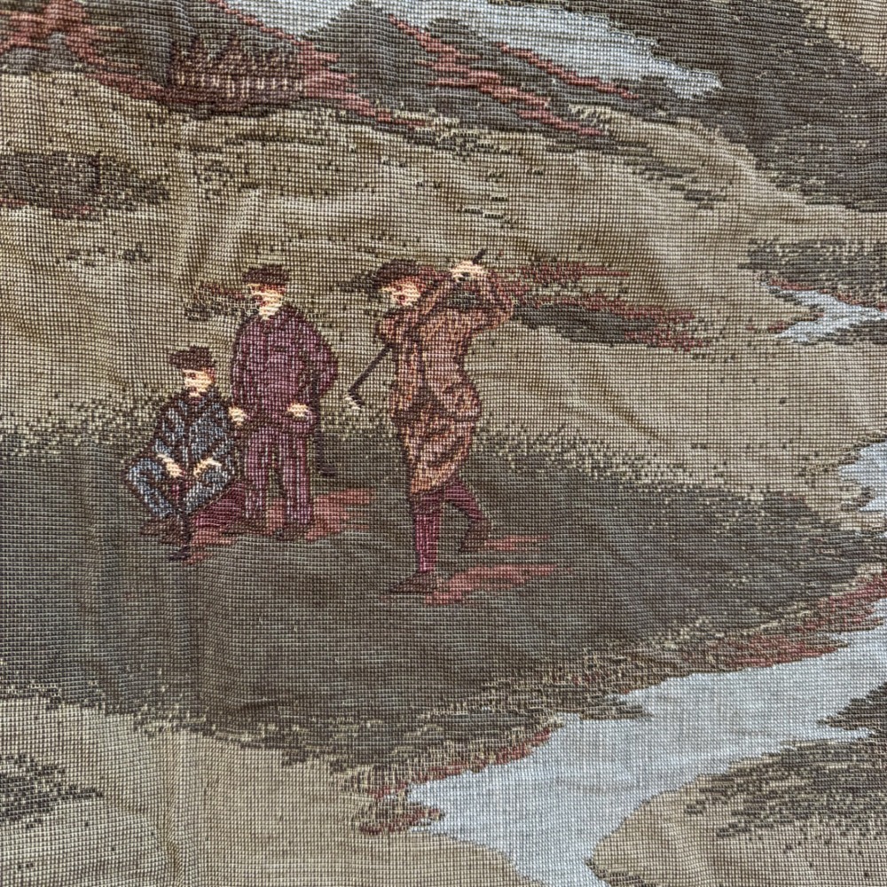 Vintage Tapestry Fabric Golf Scene Woven Jacquard Earthy Green Brown 54x56